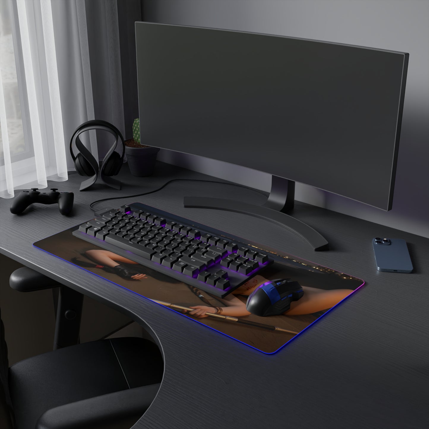 Tifa Lockhart and Aerith Gainsborough Desk Mat – LED RGB Pad on gaming setup with keyboard, mouse and purple LED lighting