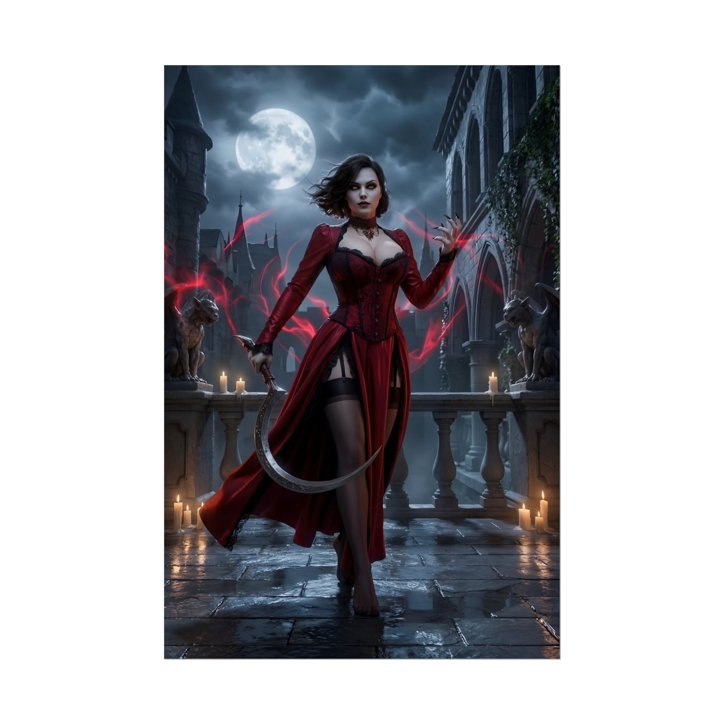 Lady Dimitrescu Poster / Lady Dimitrescu Wall Art / Lady Dimitrescu Art Print / Resident Evil Poster - towering vampire noblewoman in gothic moonlit courtyard