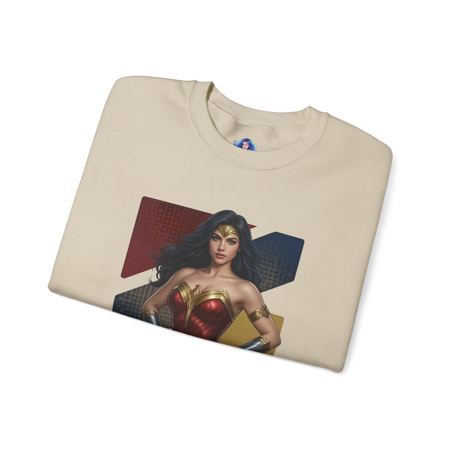 Wonder Woman Sweatshirt, DC Comics Crewneck, Legendary Superhero Apparel for Fans featuring iconic armor artwork on a cream folded crewneck