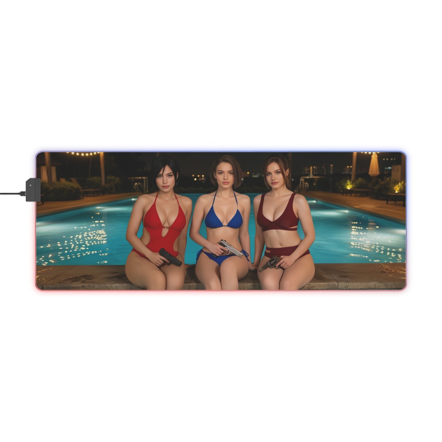 Ada Wong, Claire Redfield & Jill Valentine Desk Mat – LED RGB Pad featuring trio of heroines in swimsuits by pool with RGB lighting