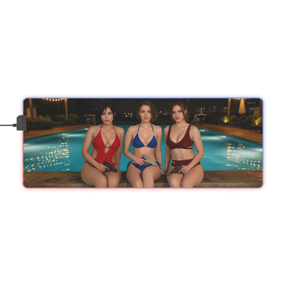 Ada Wong, Claire Redfield & Jill Valentine Desk Mat – LED RGB Pad featuring trio of heroines in swimsuits by pool with RGB lighting