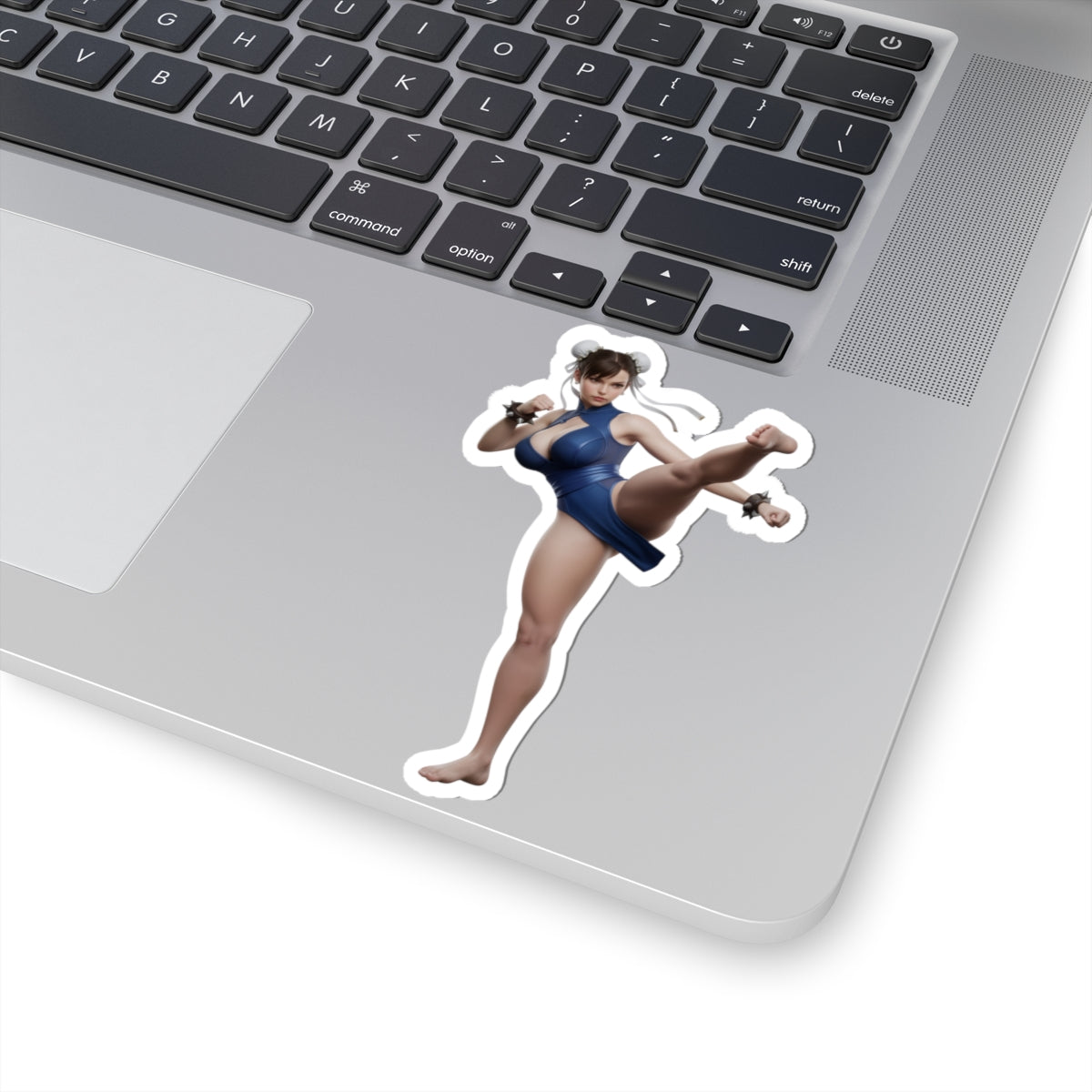 Chun-Li Sticker – Street Fighter Vinyl Sticker for Laptops & Indoor Decor on silver laptop, glossy durable vinyl, vibrant colors, bubble-free application