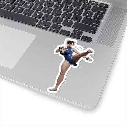 Chun-Li Sticker – Street Fighter Vinyl Sticker for Laptops & Indoor Decor on silver laptop, glossy durable vinyl, vibrant colors, bubble-free application