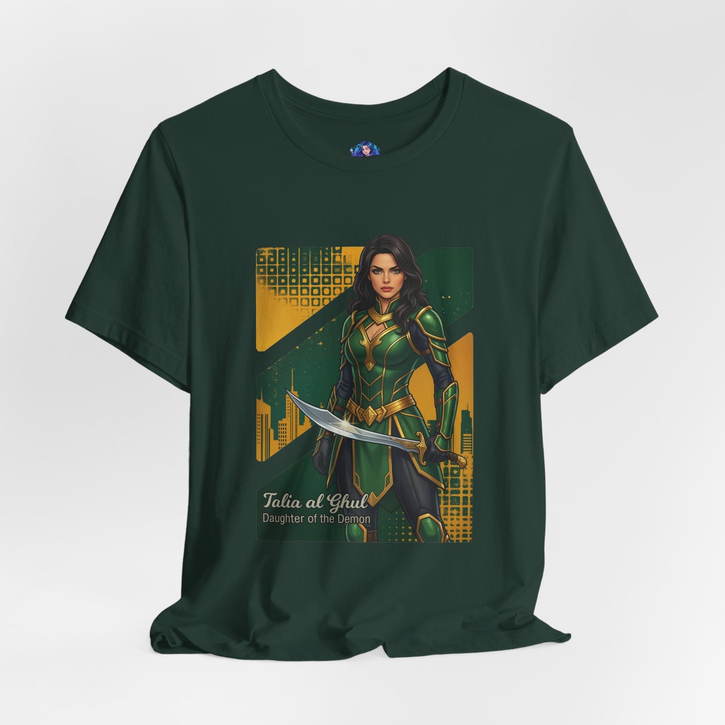 Talia al Ghul T-Shirt | DC Comics Anime Tee for Gamers & Comic Fans - anime-style Talia print on dark green Bella Canvas tee