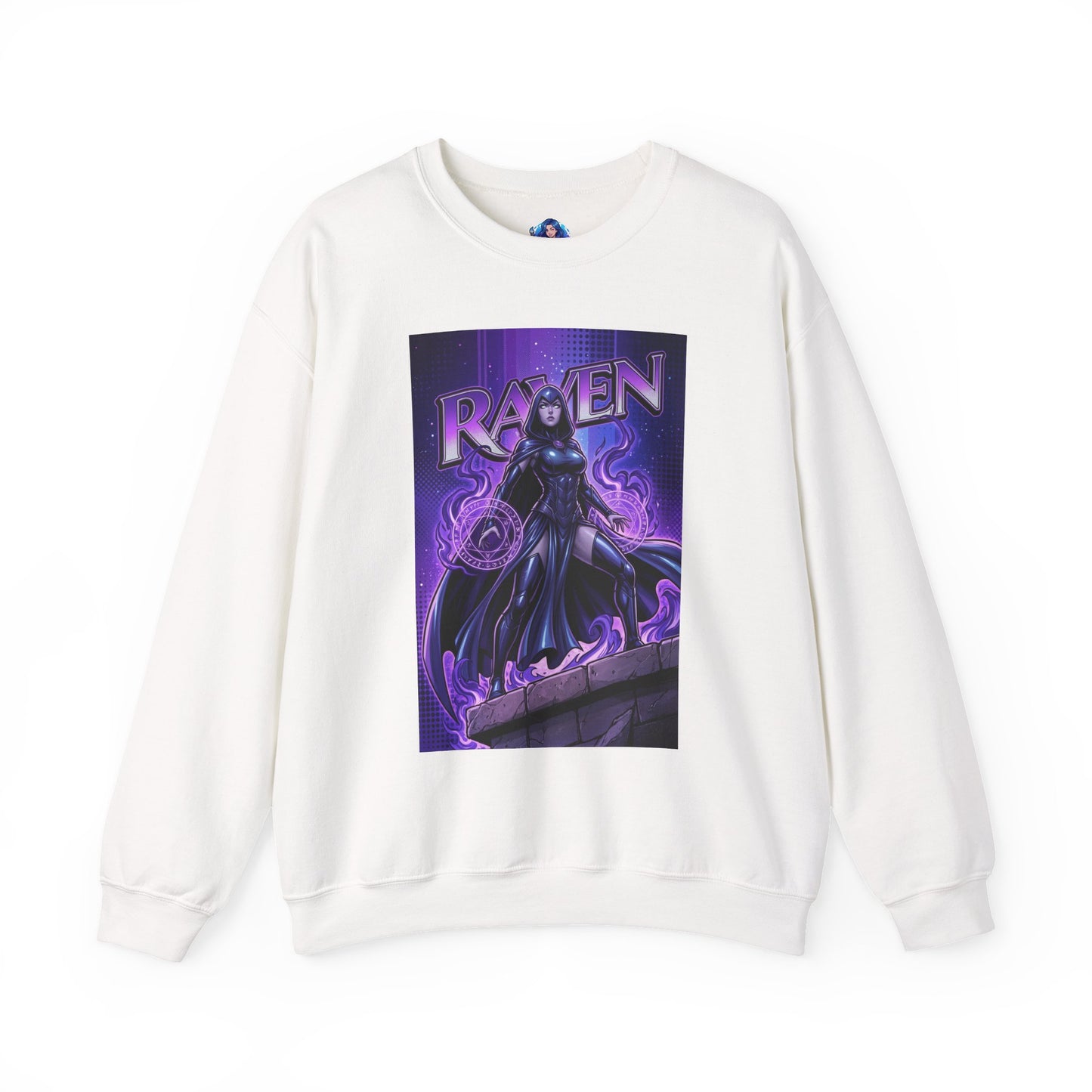 Raven Sweatshirt, DC Comics Art Print Style, Premium Mystic Apparel - white crewneck with anime-style Raven illustration and purple arcane symbols