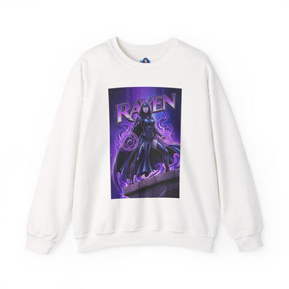 Raven Sweatshirt, DC Comics Art Print Style, Premium Mystic Apparel - white crewneck with anime-style Raven illustration and purple arcane symbols