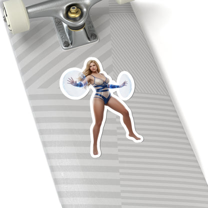 Invisible Woman Sticker – Comic Heroine Vinyl Sticker for Laptops & Indoor Decor on grey striped skateboard, glossy durable vinyl, vibrant colors, bubble-free application