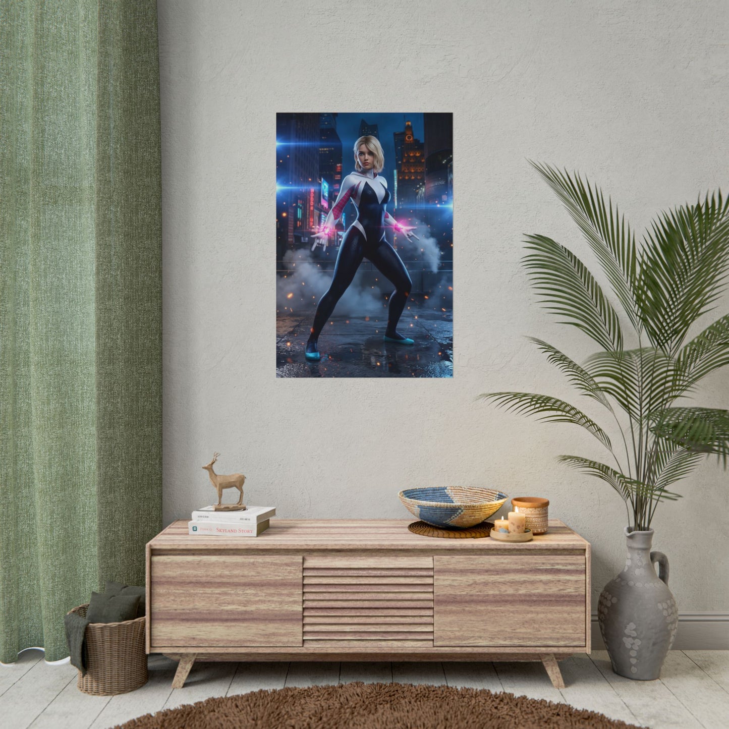 Gwen Stacy Poster, Spider-Man Art Print – Iconic Comic Heroine Wall Art showcasing Gwen in a modern gaming room decor