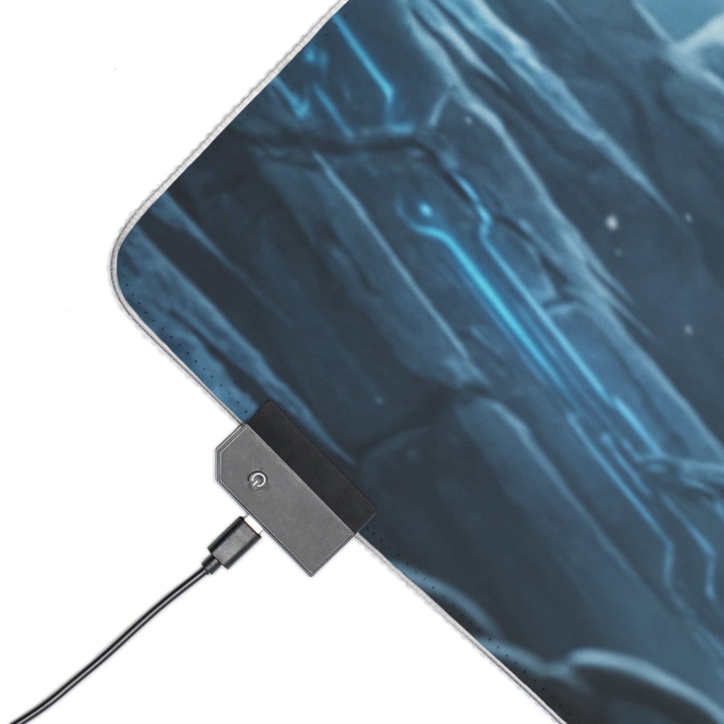 Frost Desk Mat – LED RGB Pad, Waifu Fighter Anime Girl Setup showing corner with USB RGB controller and icy blue cyber surface