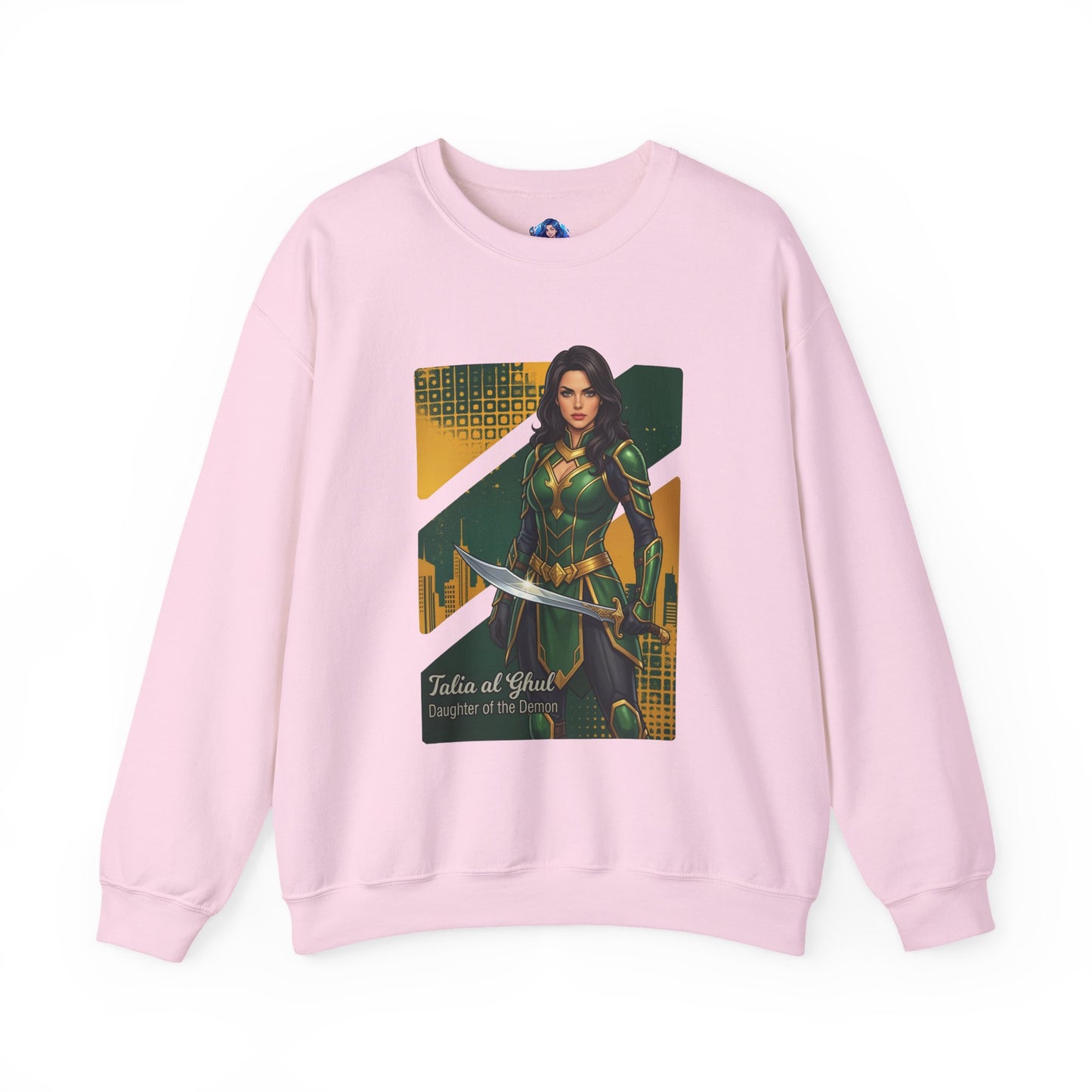 Talia al Ghul Sweatshirt, DC Comics Crewneck, Elegant Villain Apparel for Fans — pink crewneck with detailed Talia al Ghul artwork and sword