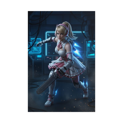 Alisa Bosconovitch Tekken Poster – Iconic Android Heroine Wall Art showing futuristic heroine in pink combat dress with chainsaw in cyber lab