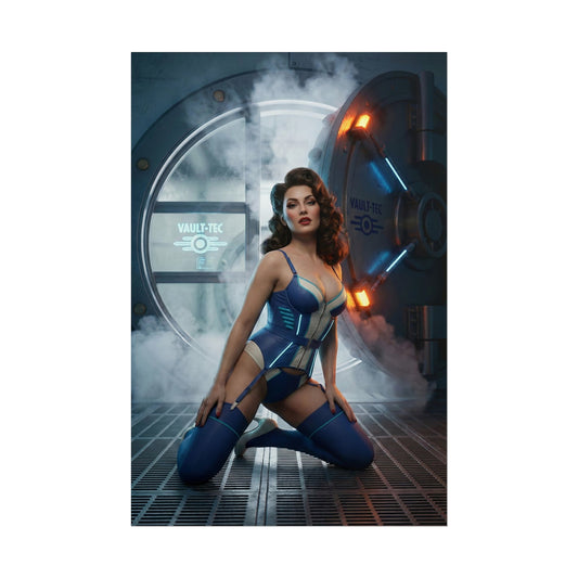 Fallout Vault Queen Poster / Fallout Vault Wall Art / Fallout Vault Art Print / Fallout Poster - poised Vault queen woman in blue suit at vault door
