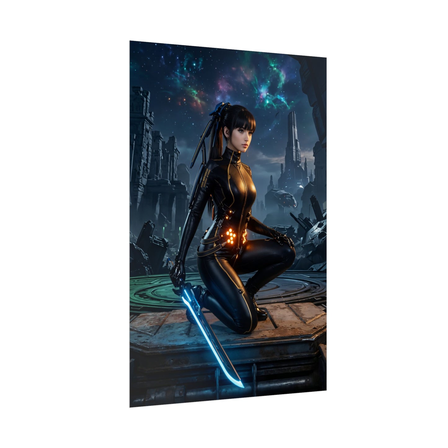 EVE Poster, Stellar Blade Print, Iconic Sci-Fi Warrior Art - female sci-fi warrior kneeling in black suit with glowing blade, modern gaming room centerpiece