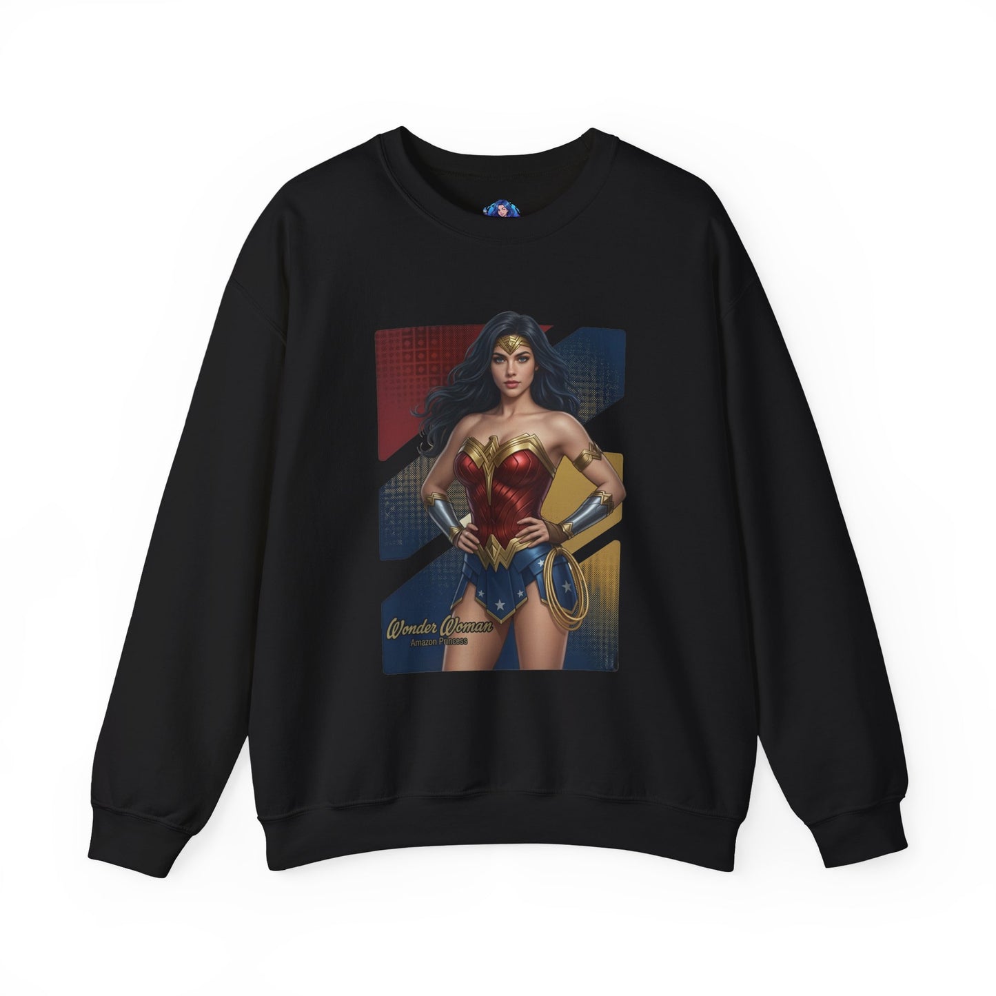 Wonder Woman Sweatshirt, DC Comics Crewneck, Legendary Superhero Apparel for Fans — black crewneck with bold Wonder Woman armor graphic