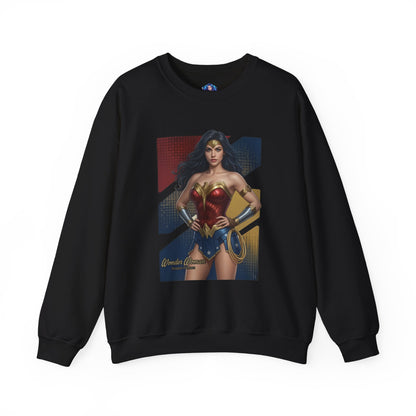 Wonder Woman Sweatshirt, DC Comics Crewneck, Legendary Superhero Apparel for Fans — black crewneck with bold Wonder Woman armor graphic