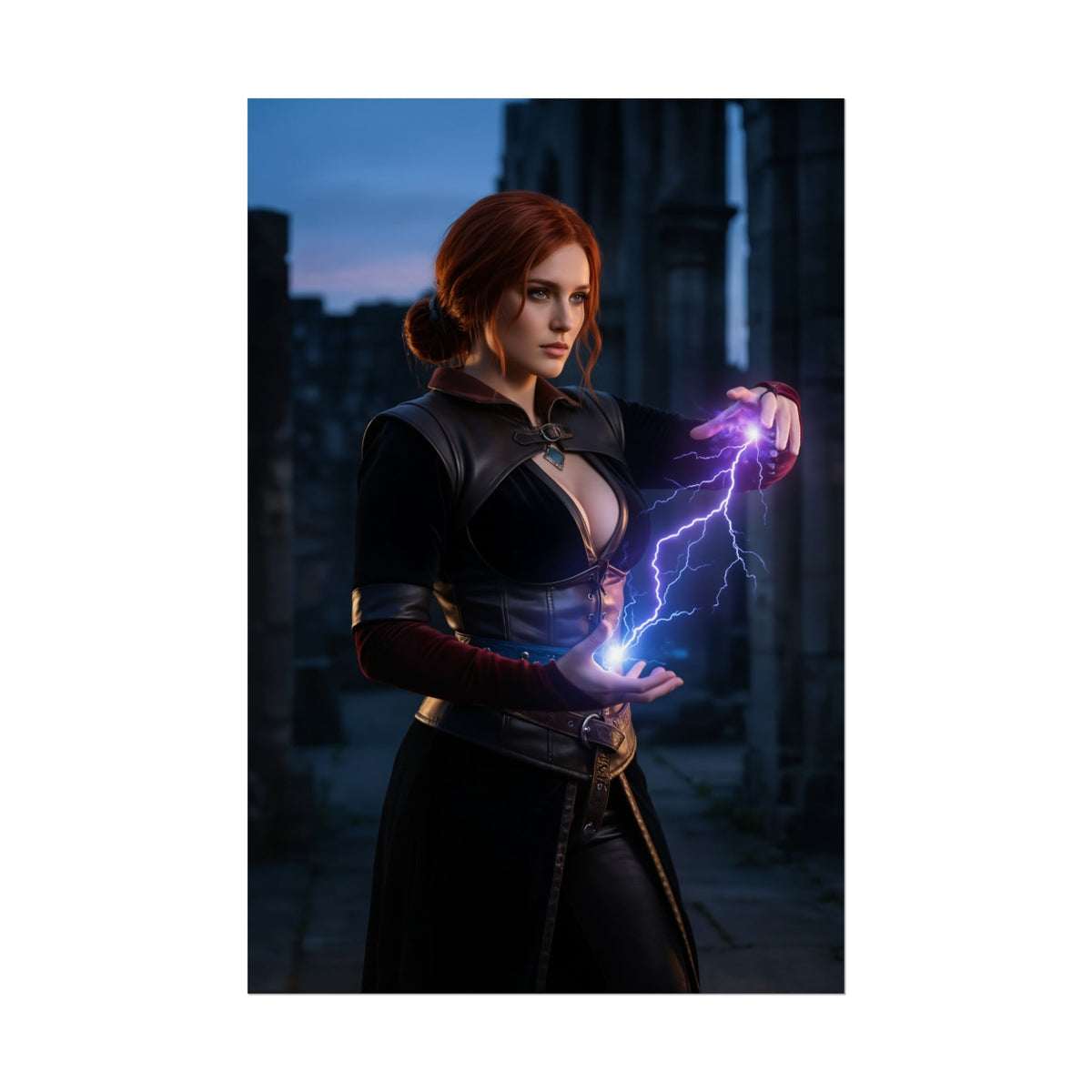 Triss Merigold Poster, The Witcher Art Print  Iconic Mage Heroine Wall Art showing Triss casting blue-purple lightning in a medieval cityscape