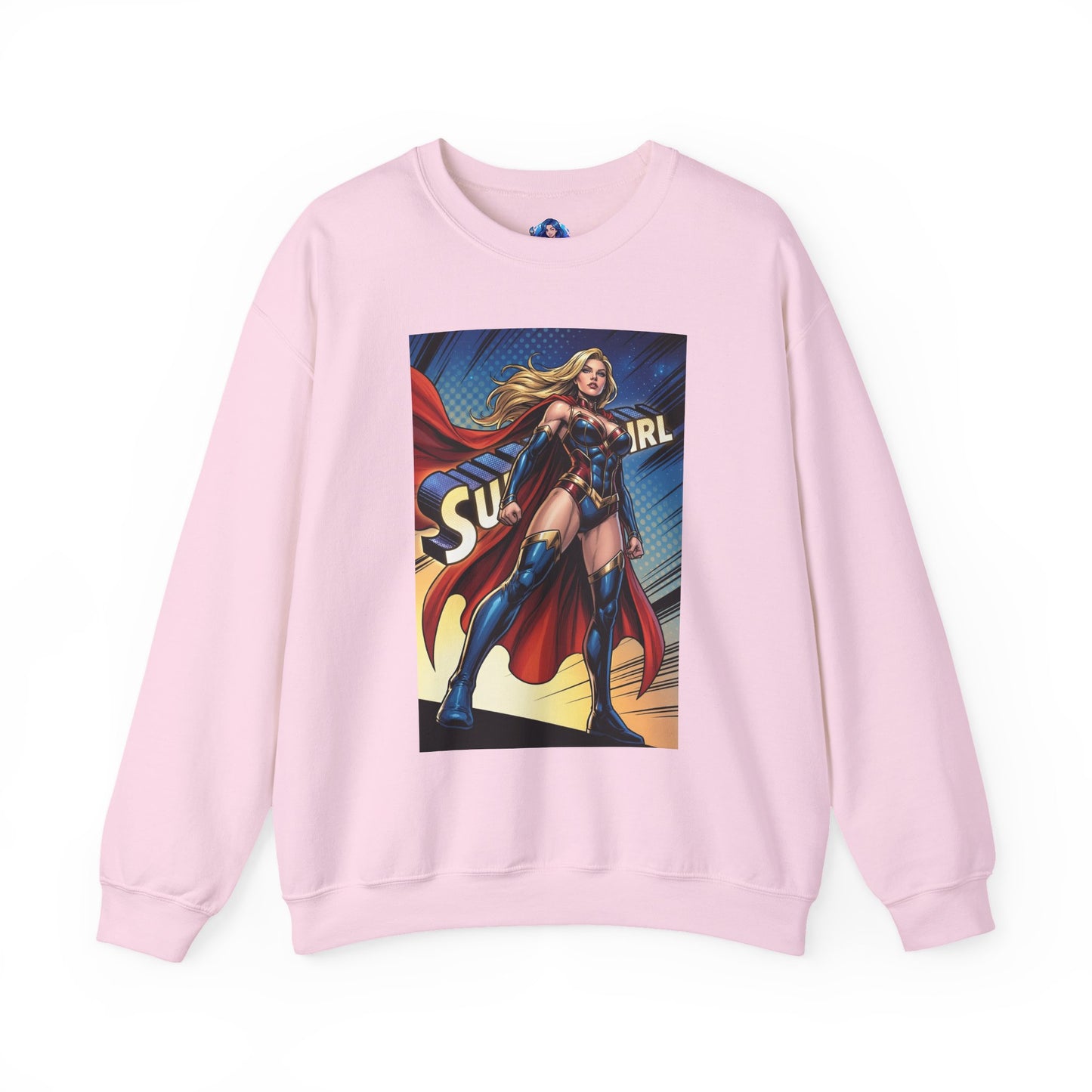Supergirl Sweatshirt, DC Comics Crewneck, Iconic Superhero Fan Apparel - pink crewneck featuring comic-style Supergirl with flowing blonde hair and red cape