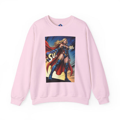 Supergirl Sweatshirt, DC Comics Crewneck, Iconic Superhero Fan Apparel - pink crewneck featuring comic-style Supergirl with flowing blonde hair and red cape