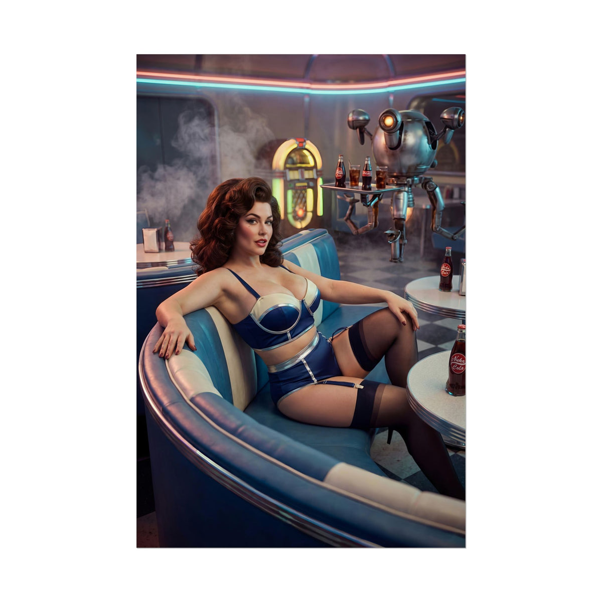 Fallout Retro Diner Woman Poster / Fallout Retro Wall Art / Fallout Retro Art Print / Fallout Poster - retro pin-up woman in diner booth with jukebox and robot