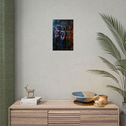 Kitana Mileena Jade Poster, Mortal Kombat Wall Art Print – Trio Decor on a modern media room wall above a console, gaming-themed trio decor print
