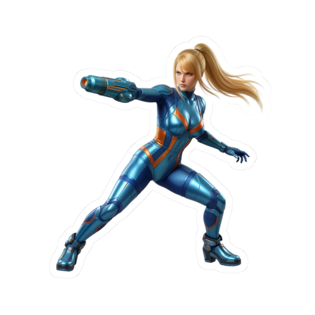 Samus Aran Sticker – Futuristic Game Vinyl Sticker for Laptops & Indoor Decor: glossy vinyl decal of Samus in blue Zero Suit aiming arm cannon