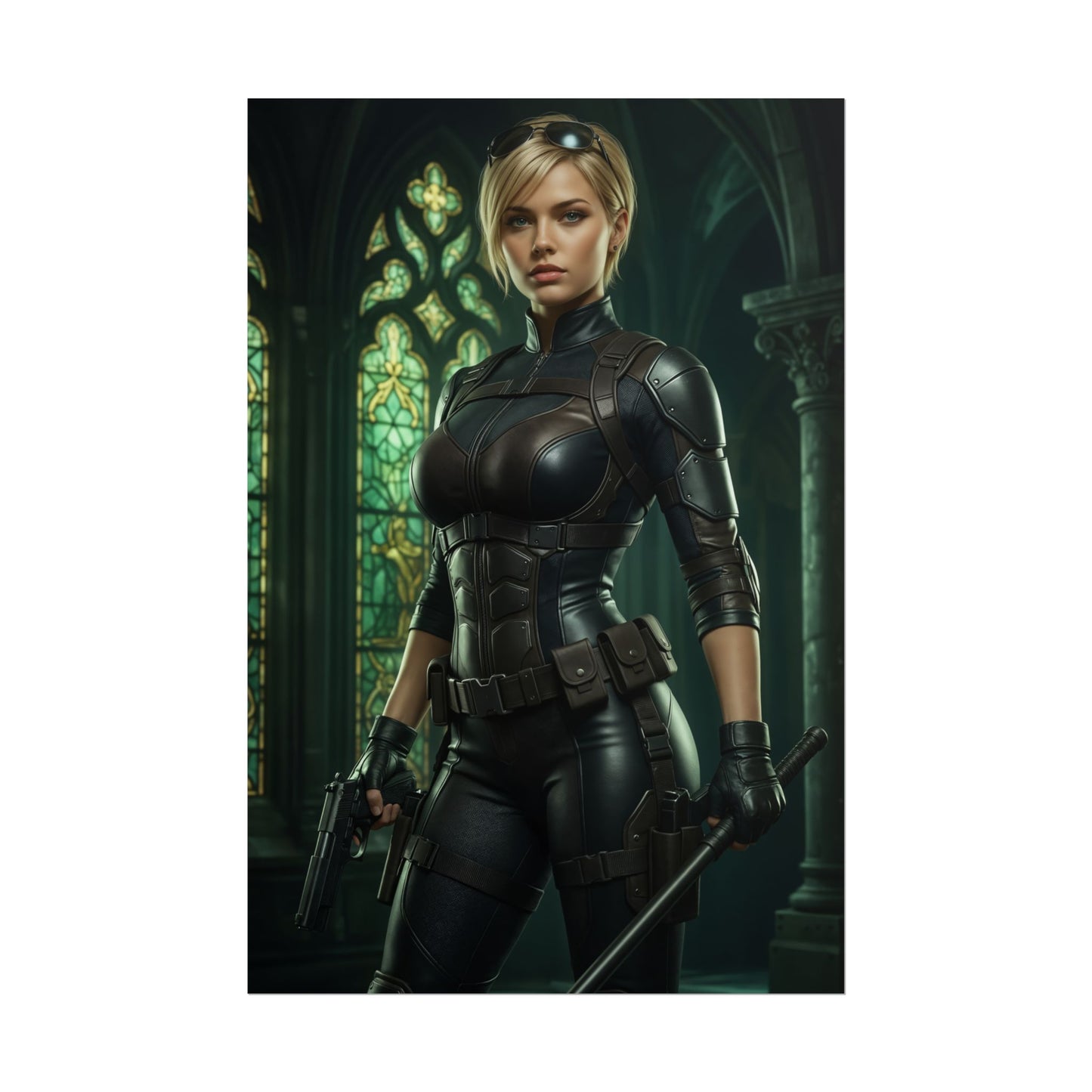 Cassie Cage Poster – Modern Fighting Game Heroine Wall Art for Gamer Decor featuring armored action heroine with pistol and baton in gothic stained-glass room