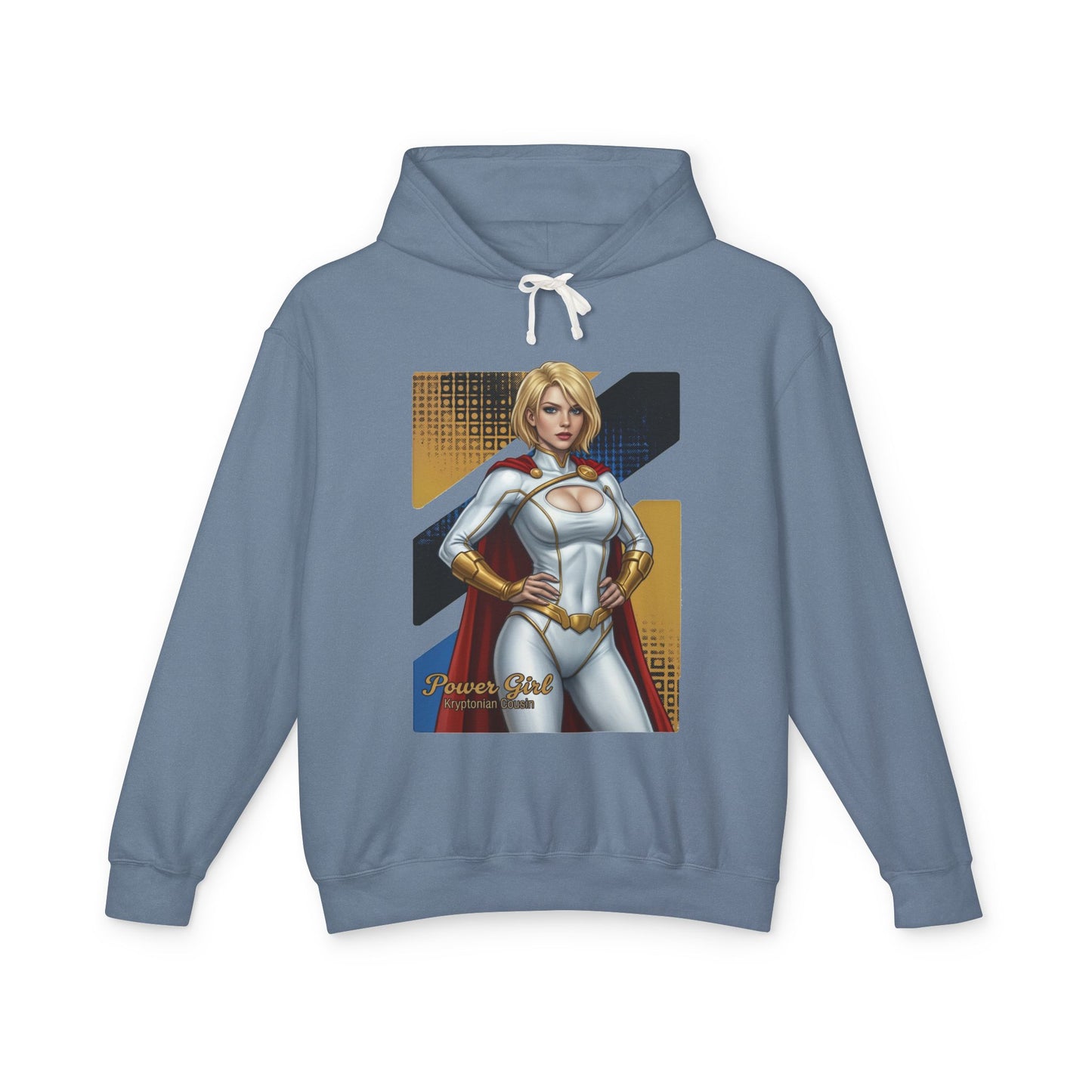 Power Girl Hoodie | DC Comics Hoodie | Anime Superheroine Pullover featuring anime-style Power Girl front-print on blue cotton pullover