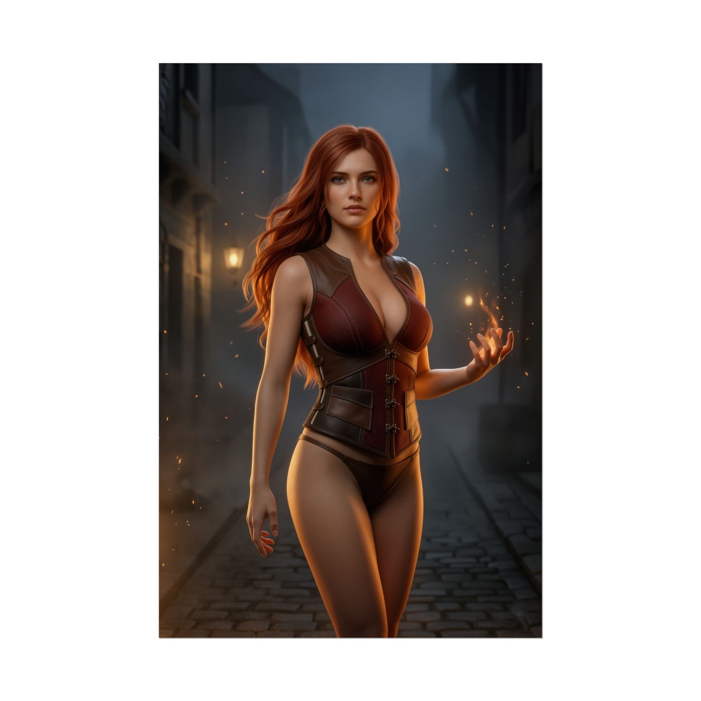 Triss Merigold Poster Witcher Wall Art Print Fantasy Room Decor - cinematic sorceress in medieval street with warm fire glow