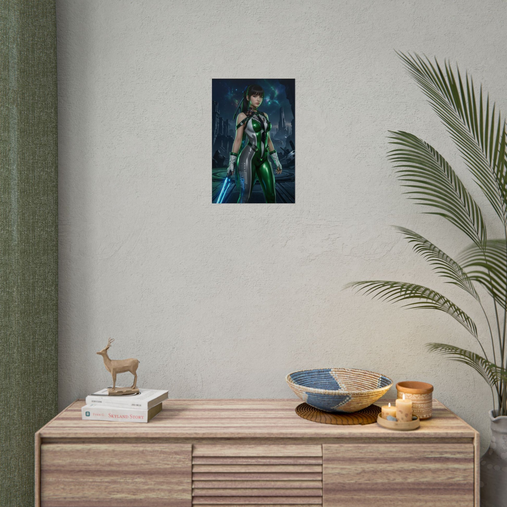 EVE Poster, Stellar Blade Art Print, Iconic Sci-Fi Action Hero on modern wall above console, gaming room décor