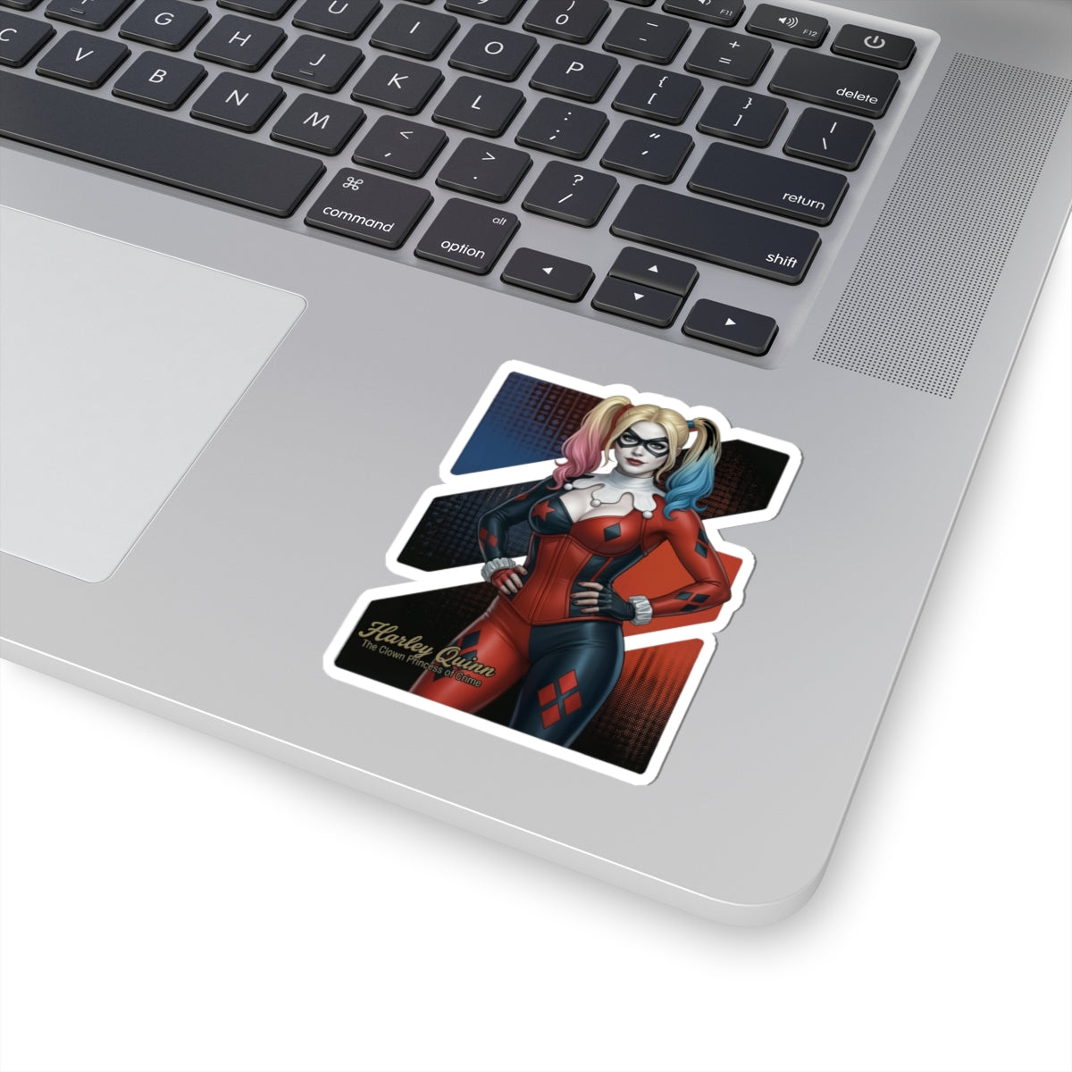 Harley Quinn Sticker – Comic Character Vinyl Sticker for Laptops & Indoor Decor on silver laptop, glossy durable vinyl, vibrant colors and strong adhesive