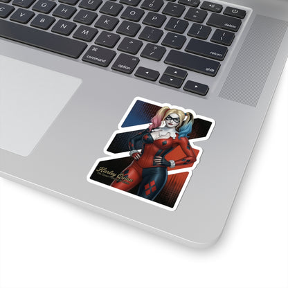 Harley Quinn Sticker – Comic Character Vinyl Sticker for Laptops & Indoor Decor on silver laptop, glossy durable vinyl, vibrant colors and strong adhesive