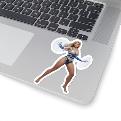Invisible Woman Sticker – Comic Heroine Vinyl Sticker for Laptops & Indoor Decor on silver laptop, glossy durable vinyl, bubble-free application