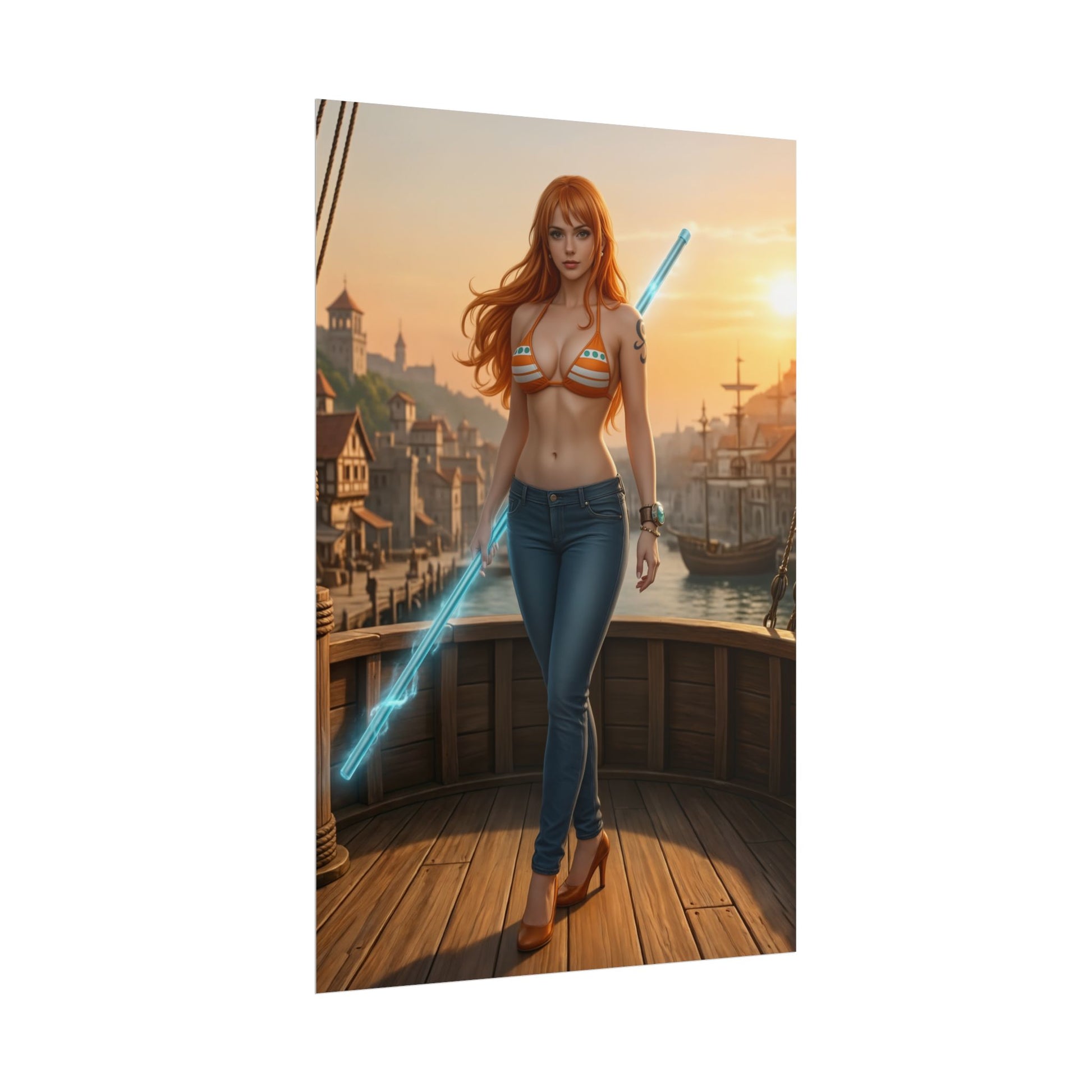 Nami Poster, One Piece Art Print, Iconic Navigator Anime Character featuring confident navigator with bo staff on ship deck at sunset