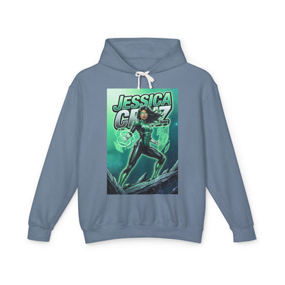 Jessica Cruz Hoodie | Green Lantern Hoodie | DC Superhero Pullover – blue pullover with glowing green Jessica Cruz comic art front print