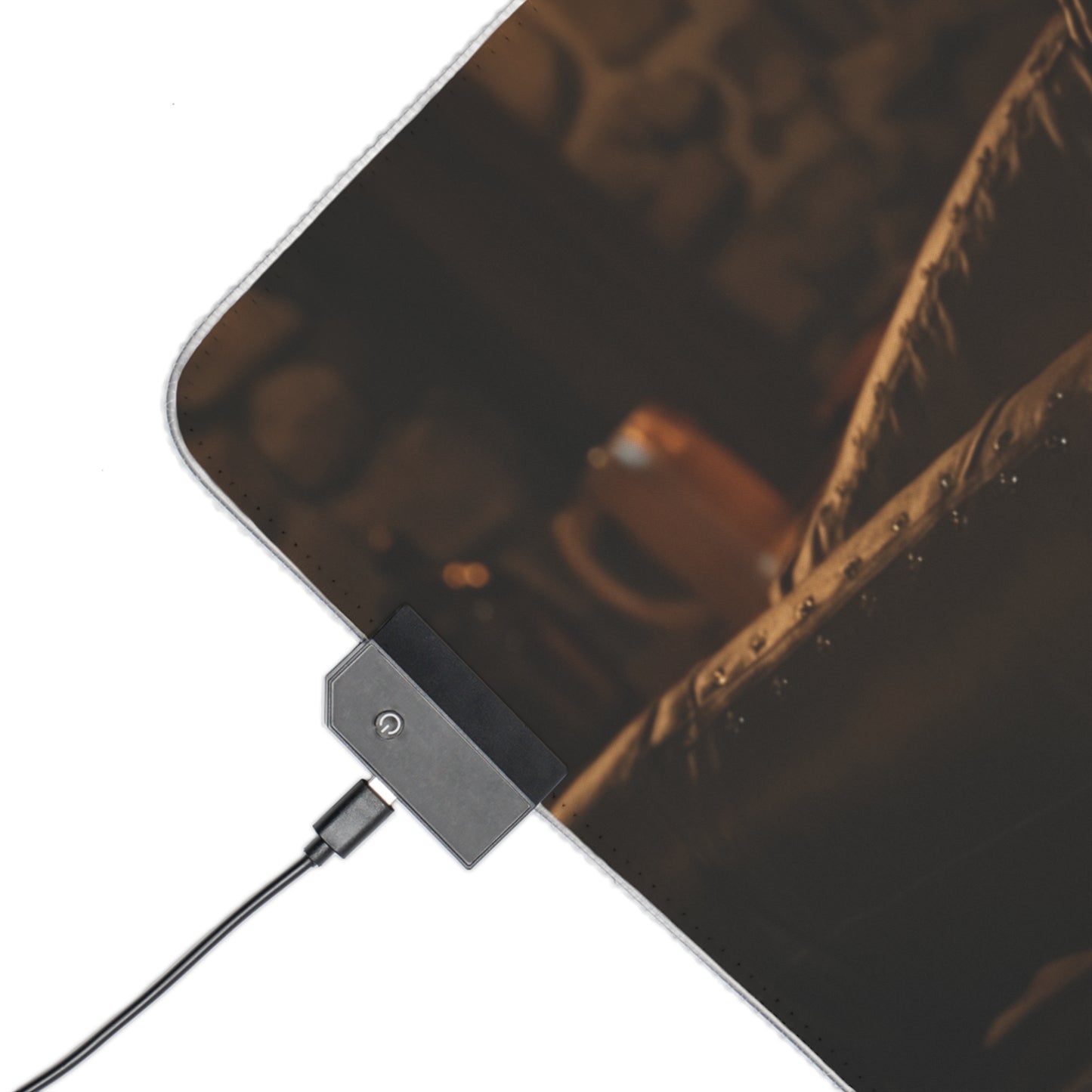 Ciri Desk Mat – LED RGB Pad, Waifu Fantasy Girl Gaming Setup LED corner close-up showing USB connector and stitched edge on dark fantasy artwork