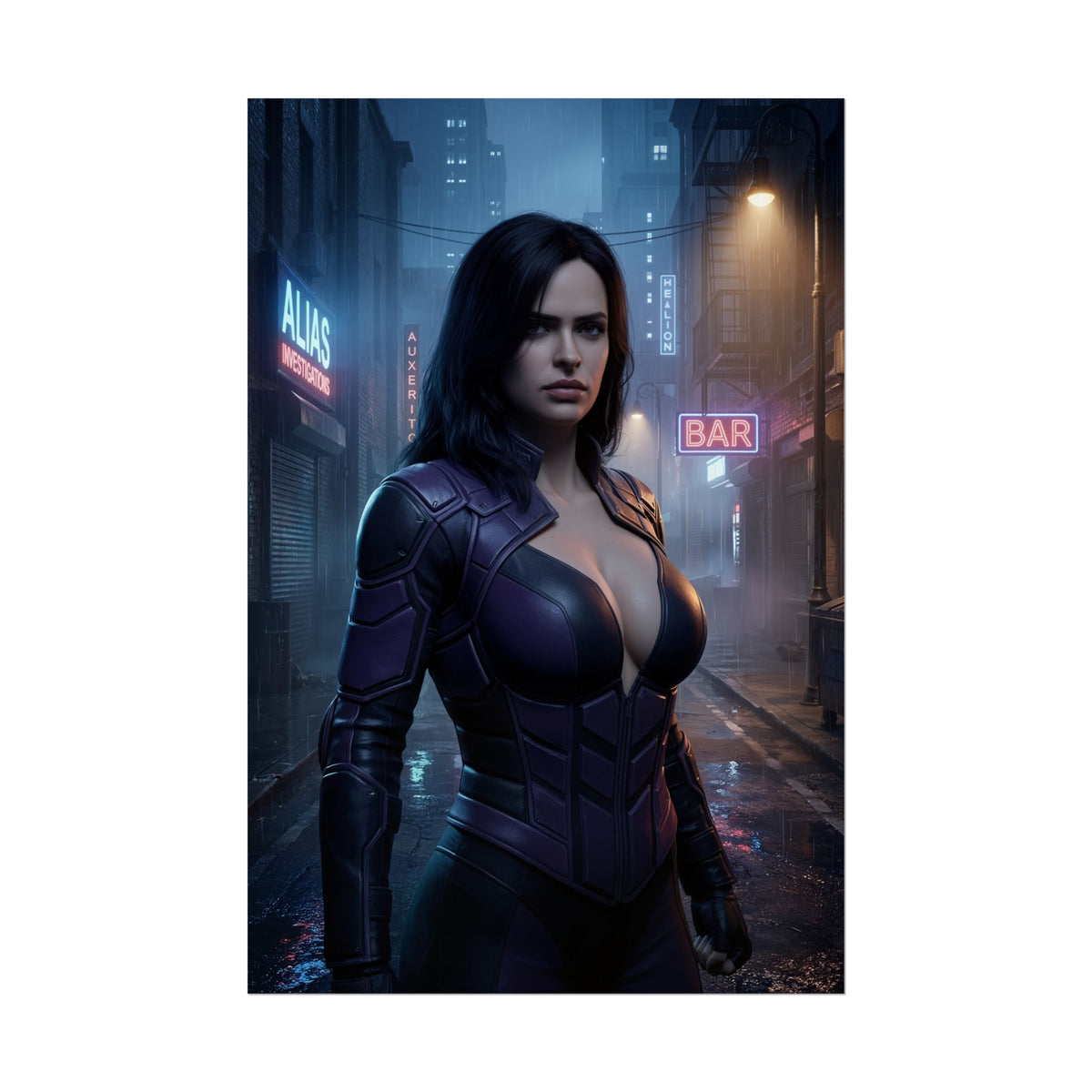 Jessica Jones Poster, Marvel Wall Art Print  Dark Hero Decor featuring moody city night portrait of armored Jessica Jones for gamer rooms
