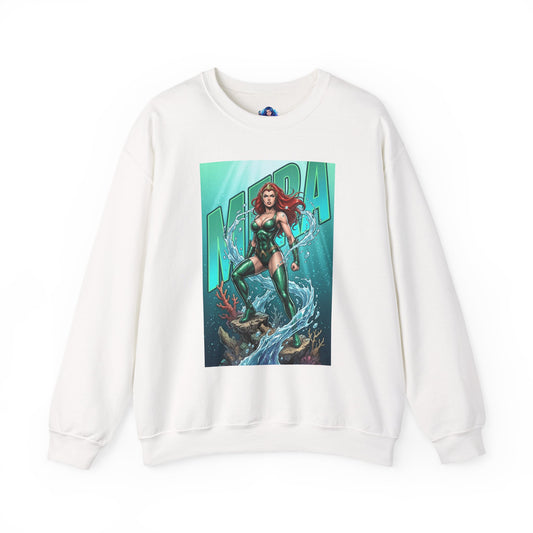 Mera Sweatshirt, DC Comics Wall Art Style, Premium Heroine Apparel - white crewneck featuring Mera with emerald armor and water powers
