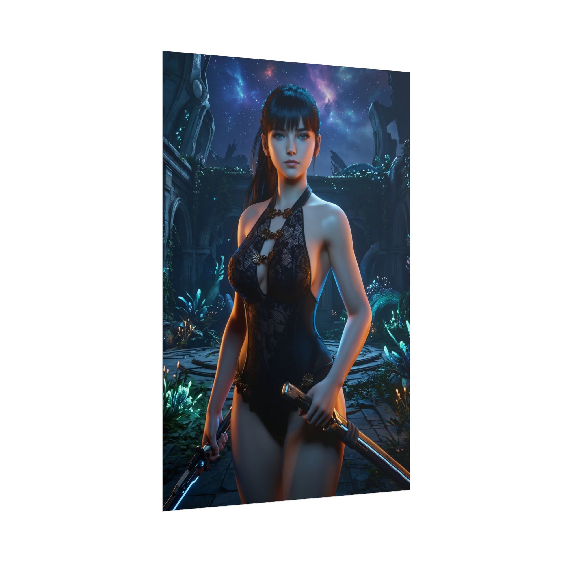 EVE Poster, Stellar Blade Art Print, Iconic Sci-Fi Action Hero - female warrior in futuristic ruins holding twin blades, dark sci‑fi aesthetic