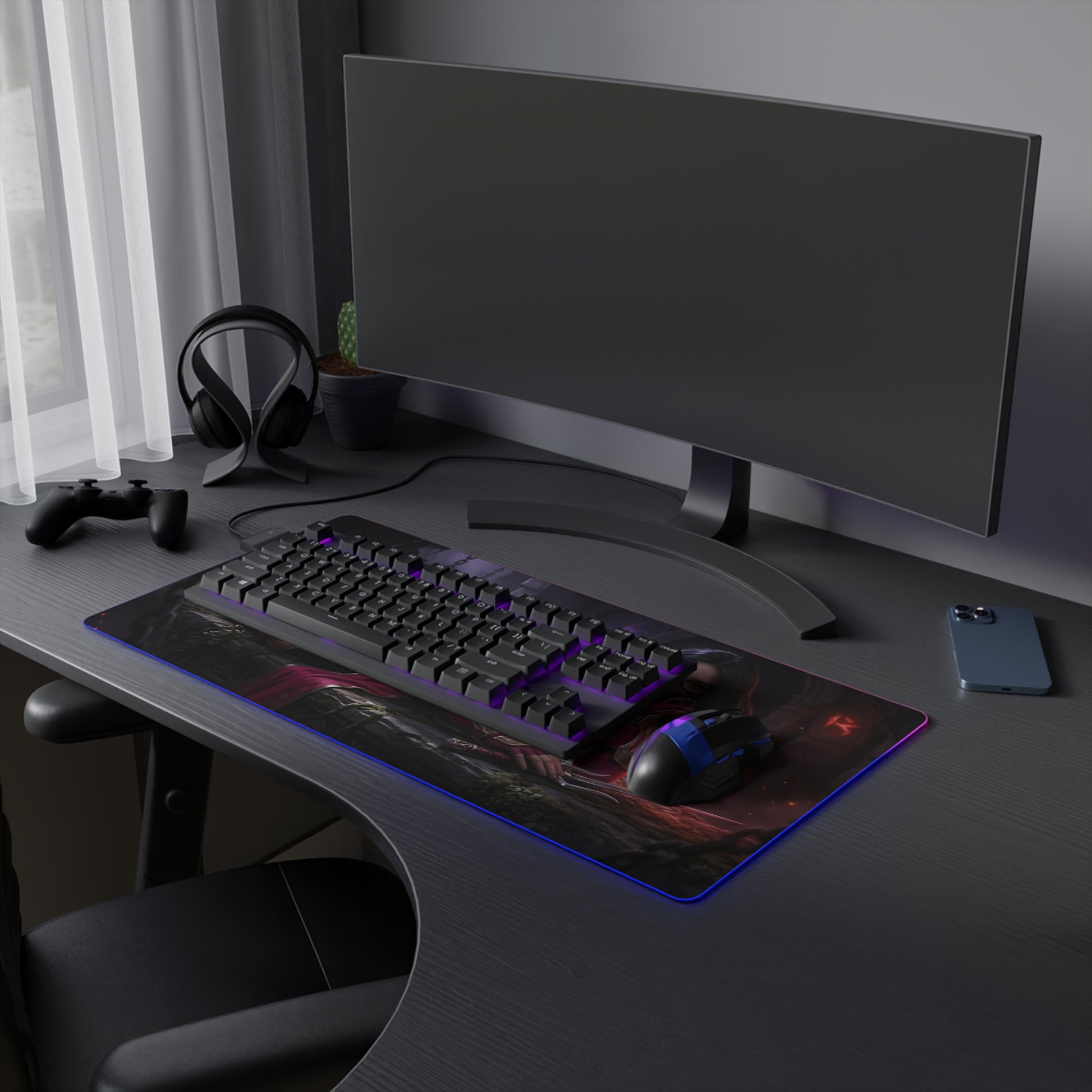 Mileena Desk Mat – LED RGB Pad, Waifu Assassin Anime Girl Setup on sleek gaming desk with keyboard, mouse, RGB glow