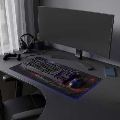 Mileena Desk Mat – LED RGB Pad, Waifu Assassin Anime Girl Setup on sleek gaming desk with keyboard, mouse, RGB glow