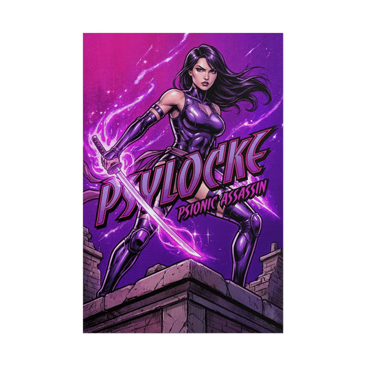 Psylocke Poster / Psylocke Wall Art / Psylocke Art Print / X-Men Poster - dynamic purple Psylocke wielding glowing psi blade, action comic wall art