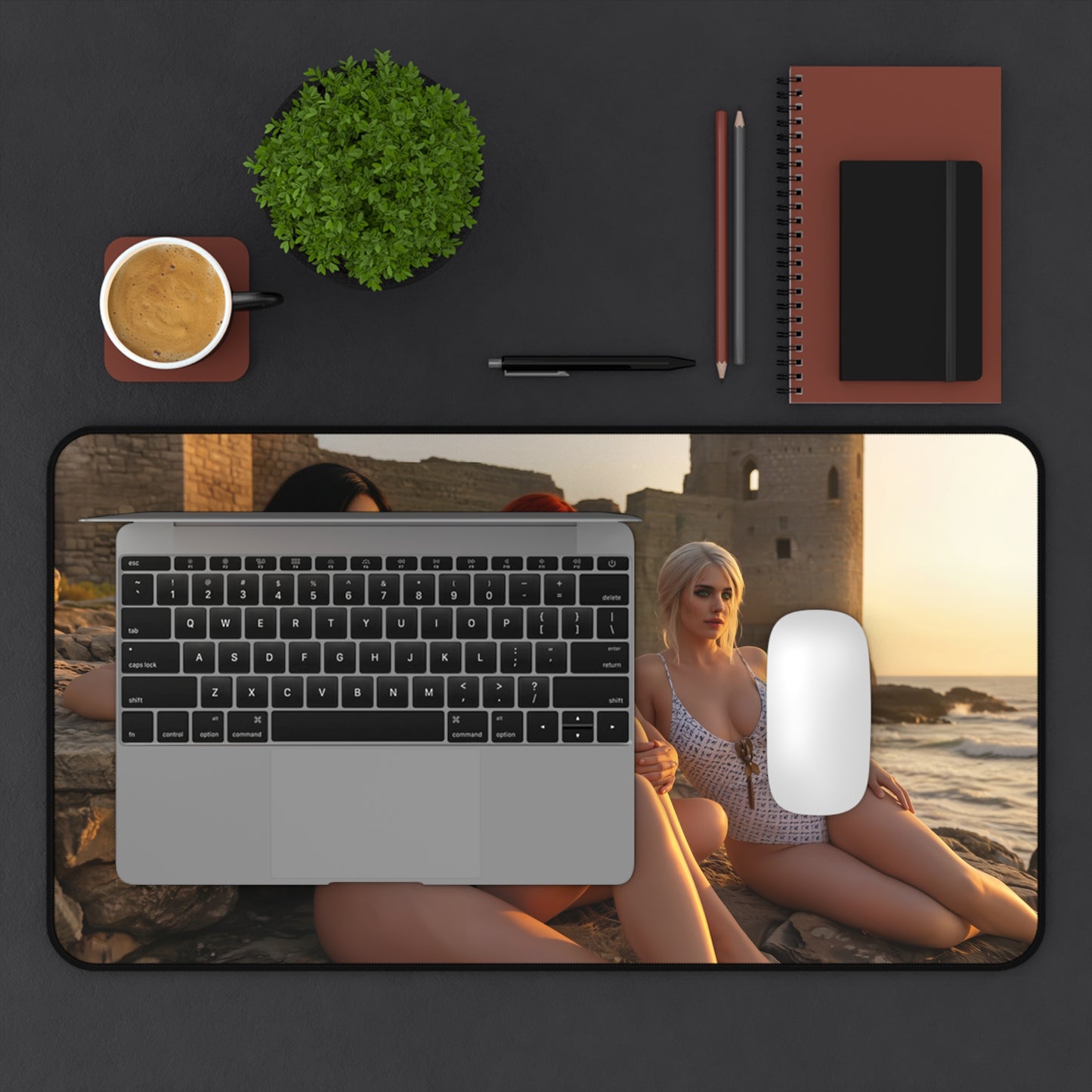 Ciri Triss Yennefer Desk Mat, Fantasy Gaming Mouse Pad, Witcher World Setup — HD trio artwork desk mat with Ciri Triss Yennefer by seaside for gaming desks
