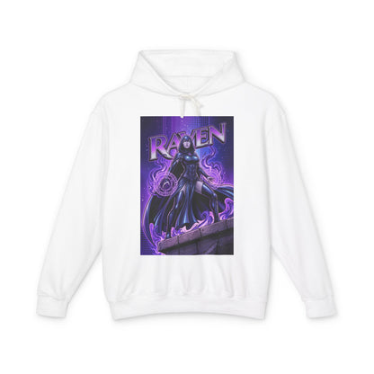 Raven Hoodie | DC Superhero Hoodie | Dark Magic Empress Pullover - white cotton pullover featuring Raven artwork with purple arcane energy