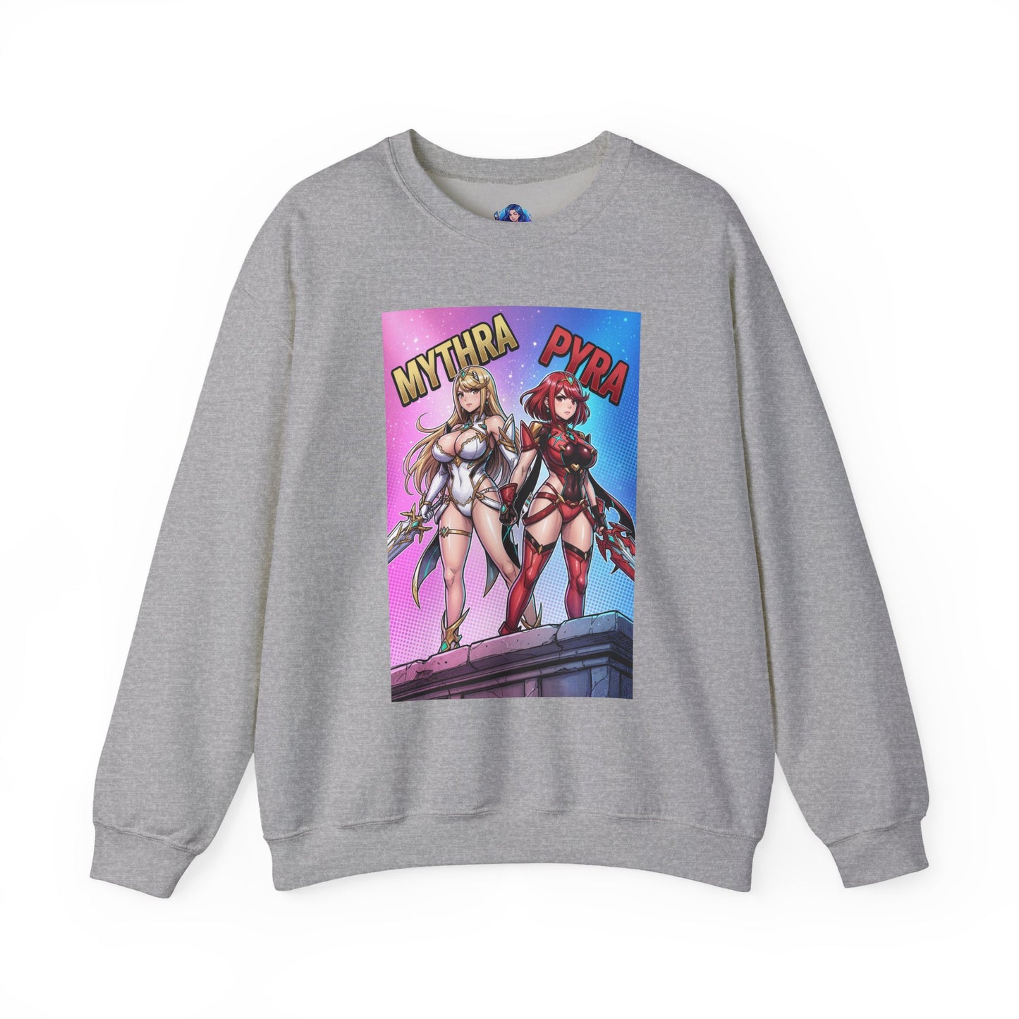 Mythra and Pyra Sweatshirt, Fantasy RPG Crewneck, Anime-Inspired Fan Apparel showcasing Mythra and Pyra artwork on a gray premium crewneck