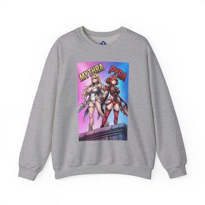 Mythra and Pyra Sweatshirt, Fantasy RPG Crewneck, Anime-Inspired Fan Apparel showcasing Mythra and Pyra artwork on a gray premium crewneck