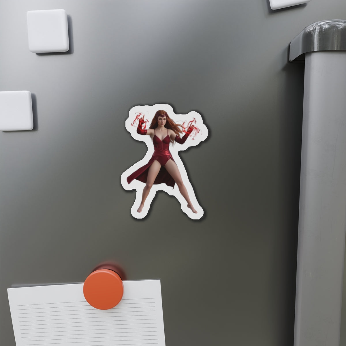 Scarlet Witch Magnet – Marvel Heroine Fridge Magnet, Anime Style Decor - anime-style die-cut vinyl fridge magnet of Scarlet Witch