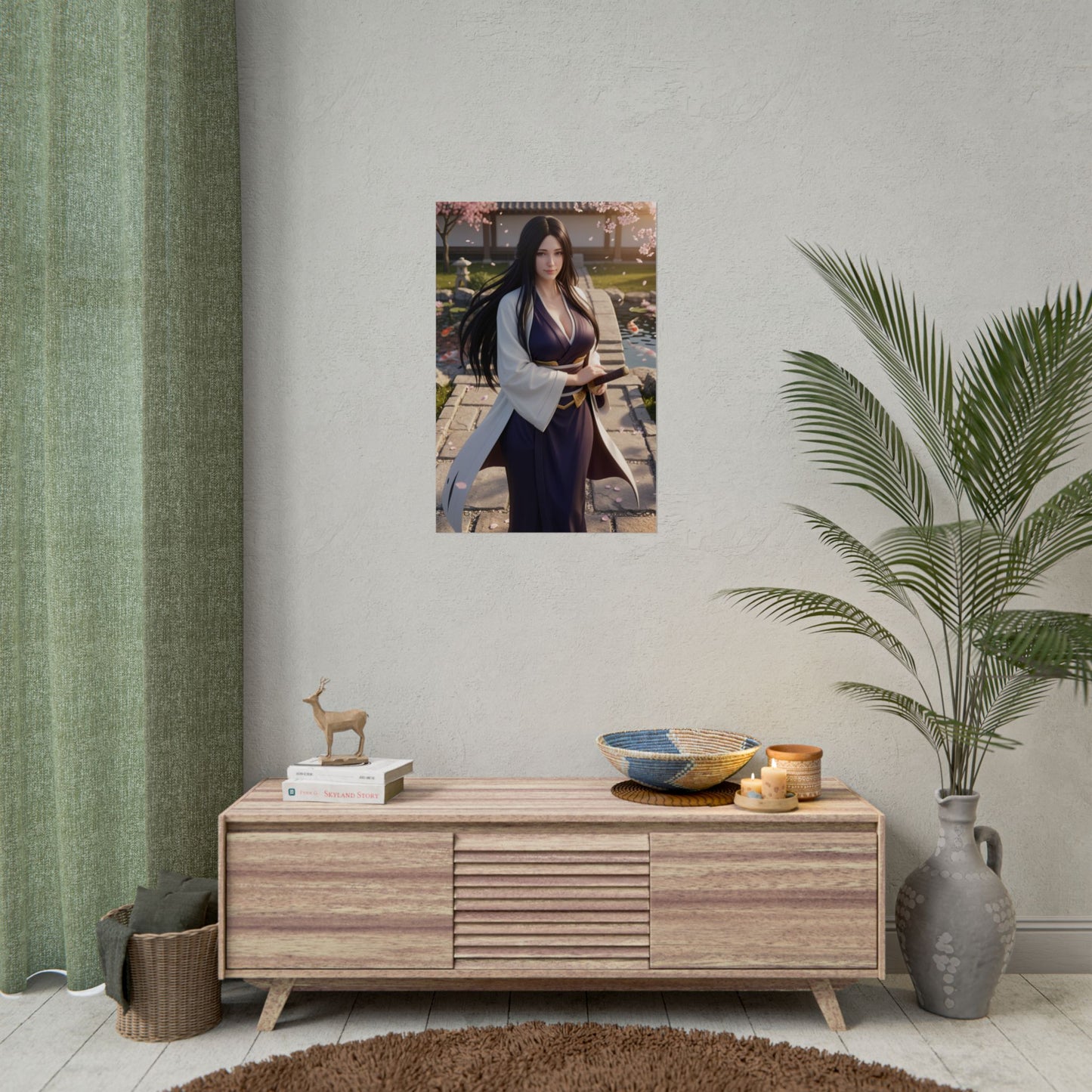 Unohana Retsu Poster, Bleach Wall Art Print – Anime Decor hanging above media console in modern anime-themed room