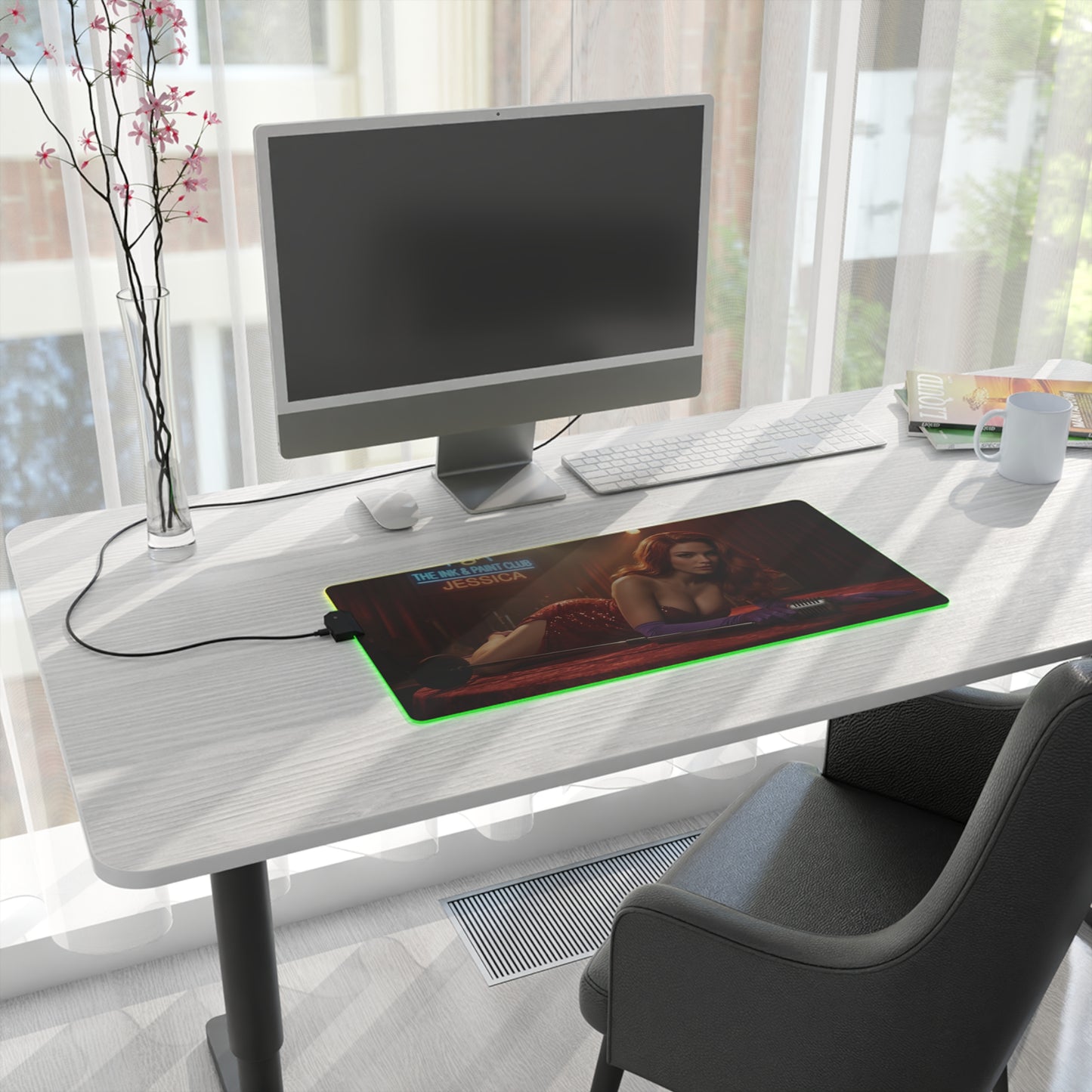 Jessica Rabbit Desk Mat – LED RGB Pad, Waifu Anime Girl Setup on modern white desk with PC, RGB edge lighting and smooth precision-cloth surface