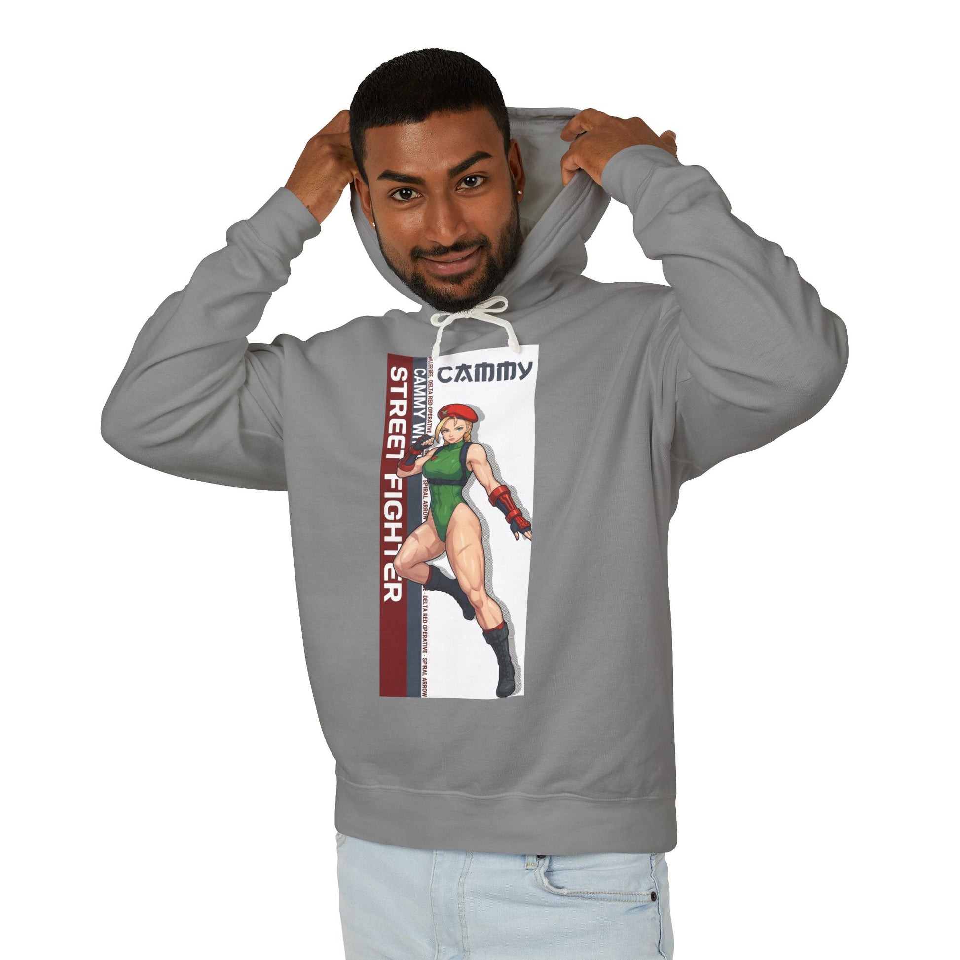 Cammy Hoodie | Street Fighter Hoodie | Anime Fighter Girl Pullover model wearing grey pullover with bold Cammy anime print front