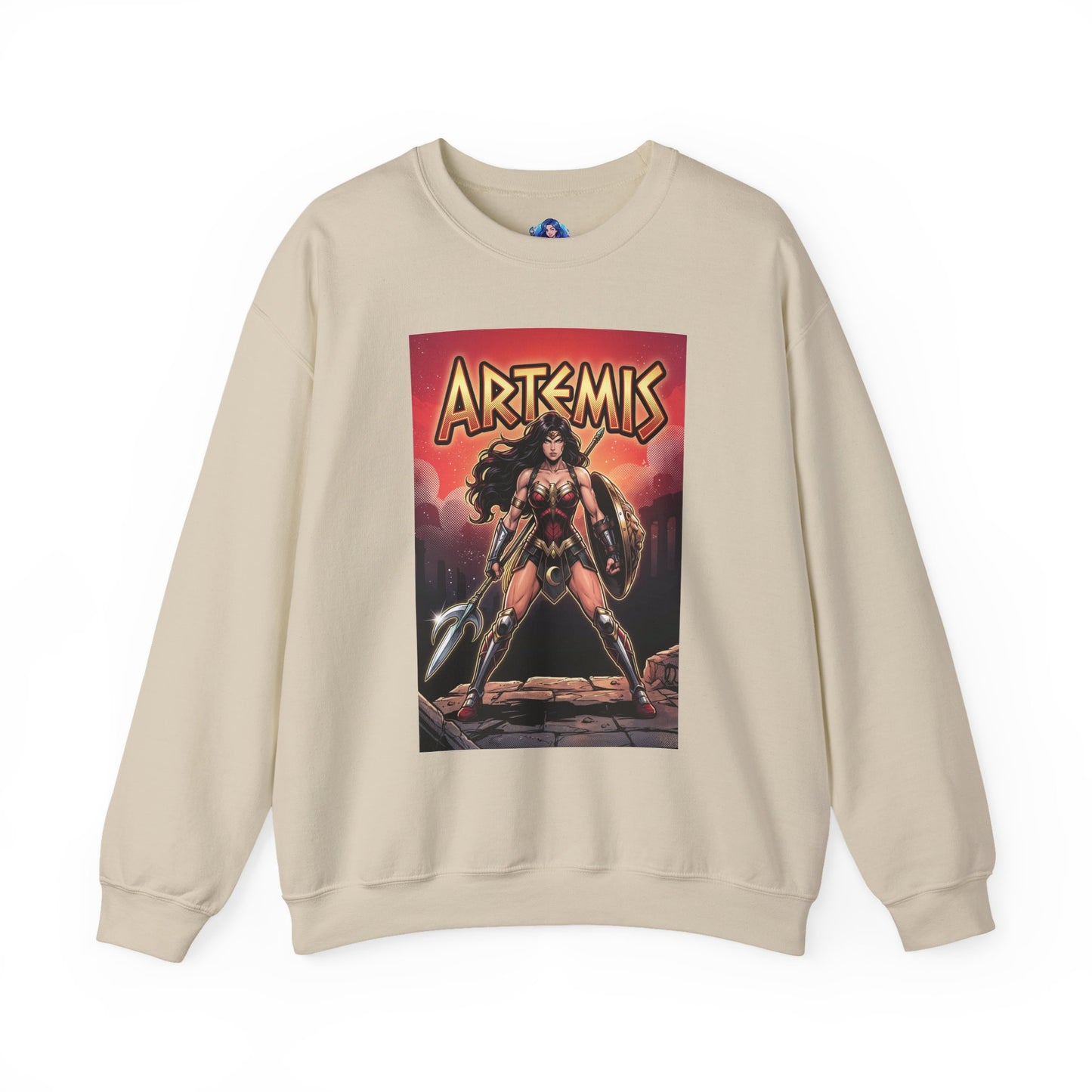 Artemis Sweatshirt, DC Comics Warrior Art, Premium Hero Apparel - beige crewneck featuring battle-ready Artemis with spear and shield
